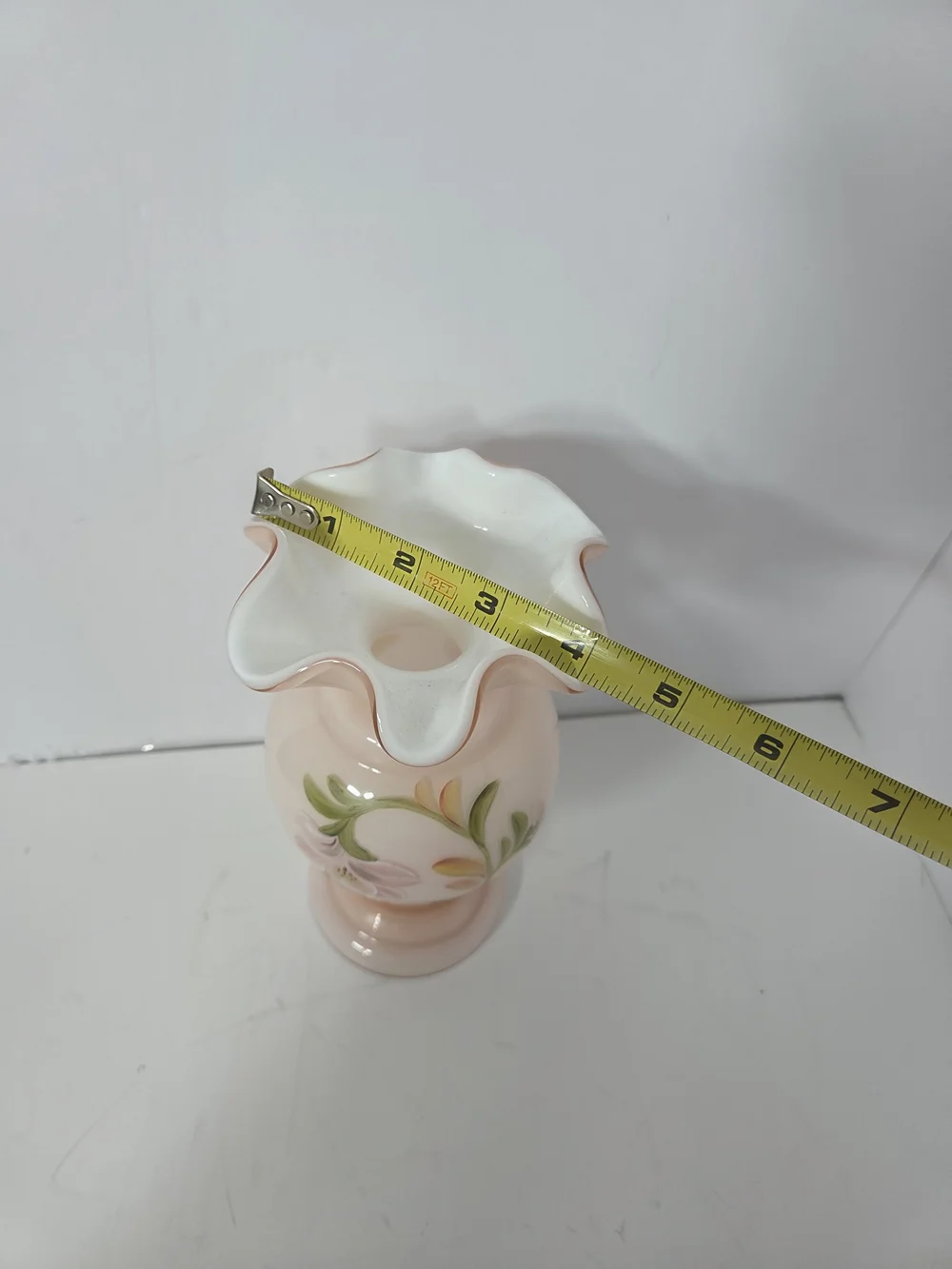 fenton HandPainted signed Peach Floral Glass Vase incased pink flower shaby chic